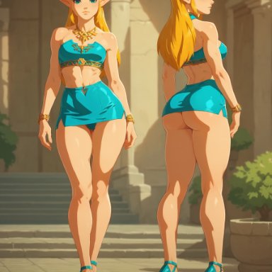 breath of the wild, the legend of zelda, princess zelda, zelda (breath of the wild), big ass, blonde hair, blue eyes, crop top, full body, high heels, jewelry, microdress, microskirt, miniskirt, multiple views