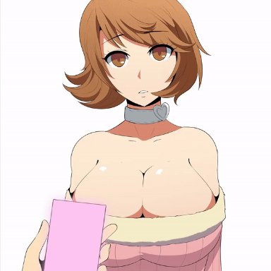 atlus, persona, persona 3, yukari takeba, naver, big breasts, breasts out, brown eyes, brown hair, cellphone, choker, female focus, flashing, hypnosis, hypnotic eyes