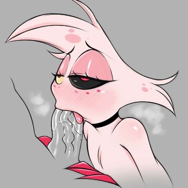 hazbin hotel, angel dust (hazbin hotel), saltyxodium, 2boys, arachnid, bare arms, bare shoulders, big penis, blowjob, blush, choker, demon, fellatio, femboy, gay