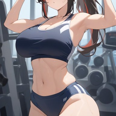 zenless zone zero, zhu yuan, 1girls, black hair, breasts, dumbbell, gym, gym uniform, large breasts, midriff, ponytail, red eyes, red hair, sports bra, sportswear