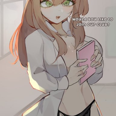 doki doki literature club, hoshoidk, 1girls, big breasts, black thighhighs, blush, book, breasts, brown hair, female, female only, green eyes, hair ribbon, holding, holding book