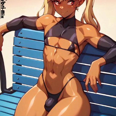 darabri-mix, 1boy, abs, armpits, bare shoulders, bench, bikini, brown skin, cute, detached sleeves, femboy, feminine male, gay, girly, hourglass figure