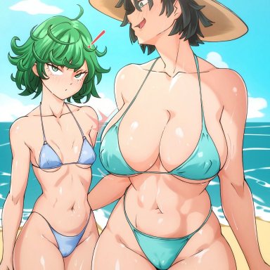 one-punch man, fubuki (one-punch man), tatsumaki, yurachan bf, 2girls, bare arms, bare legs, bare shoulders, bare thighs, beach, big breasts, bikini, bikini bottom, bikini top, clothed