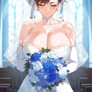 street fighter, chun-li, creamy ai, bouquet, bridal veil, brown hair, cleavage, closed eyes, curvy, double bun, large breasts, narrow waist, thick thighs, toned, wedding dress