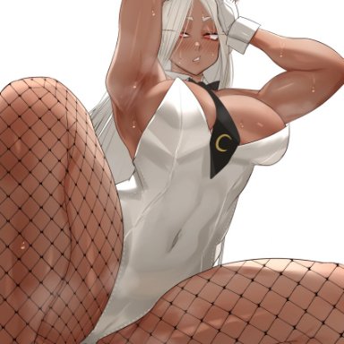 boku no hero academia, my hero academia, miruko, rumi usagiyama, usagiyama rumi, kikimifukuri, alternate costume, black fishnet legwear, blush, bunny ears, bunny girl, bunny tail, bunnysuit, cleavage, clenched teeth