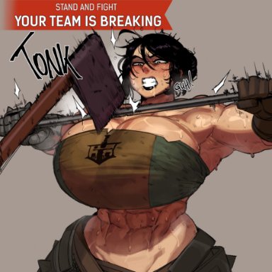 for honor, character request, lawbringer (for honor), krekk0v, 1girls, abs, axe, bare shoulders, big breasts, black hair, black lipstick, blush, breasts, cleavage, clenched teeth