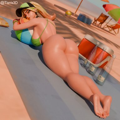 fortnite, fortnite: battle royale, helsie (fortnite), tianis3d, 1girls, armor, ass, athletic, athletic female, barefoot, beach, big ass, big breasts, big nipples, breasts