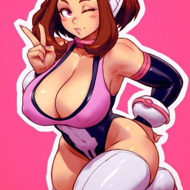 my hero academia, ochako uraraka, krystalizedart, big ass, big breasts, big butt, bimbo, bimbofication, cleavage, corruption, magic, mind break, mind control, pink clothing, pink eyes