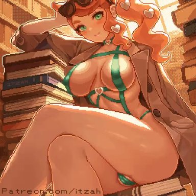 game freak, nintendo, pokemon, pokemon ss, sonia (pokemon), itzah, 1girls, aqua eyes, bikini, breasts, clothed, clothing, coat, crossed legs, female