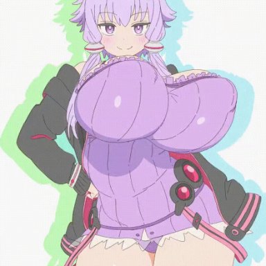 vocaloid, voiceroid, yuzuki yukari, fujii shingo, 1girls, ahoge, black jacket, boobs, bouncing breasts, breasts focus, child bearing hips, cleavage, dance, dancing, female