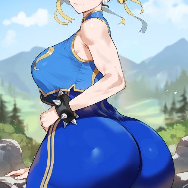 street fighter, chun-li, creamy ai, ass, ass focus, big ass, big butt, blue bodysuit, bodysuit, brown eyes, brown hair, bubble ass, bubble butt, curvy, dat ass