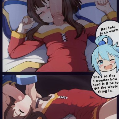 aqua (konosuba), megumin, 1futa, 1girls, blowjob, blue eyes, blue hair, blush, breasts, brown hair, choker, closed eyes, dress, erect penis, erection