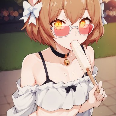 felix argyle, ap2-ai-artist, brown hair, cat boy, cat ears, cat tail, chocker, collar, crop top, crossdressing, femboy, glasses, hairbow, looking over eyewear, looking over sunglasses