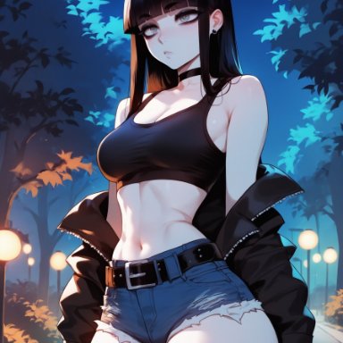 bella (xandr), thiccwithaq (ai style), xandr, 1girls, ass, bangs, black earrings, black hair, black makeup, blunt bangs, breasts, choker, ear piercing, earrings, emotionless