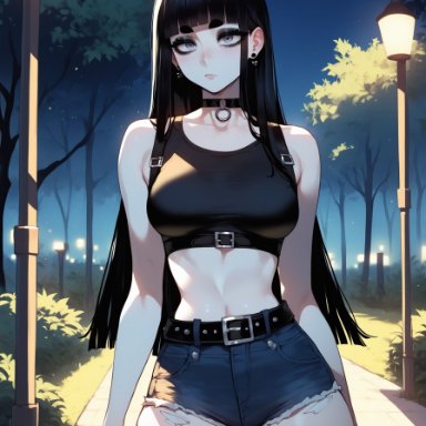 bella (xandr), thiccwithaq (ai style), xandr, 1girls, ass, bangs, black earrings, black hair, black makeup, blunt bangs, breasts, choker, ear piercing, earrings, emotionless