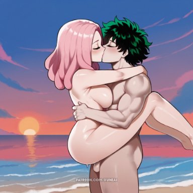 boku no hero academia, my hero academia, hatsume mei, izuku midoriya, mei hatsume, midoriya izuku, xuneai, 1boy, ass, beach, blush, breast press, breasts, closed eyes, cloud