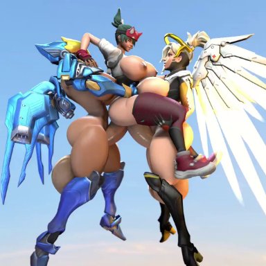 overwatch, overwatch 2, source filmmaker, kiriko (overwatch), mercy, pharah, bittercoleslaw, 1girls, 2futas, armor, balls touching, blonde hair, breasts bigger than head, breasts out, chocolate and vanilla