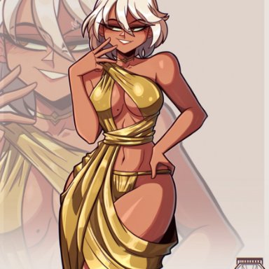 fortnite, fortnite: battle royale, aphrodite, aphrodite (fortnite), jizuz, 1girls, dark skin, dark-skinned female, gold bikini, gold clothing, gold panties, golden bikini, golden clothing, solo female, white hair