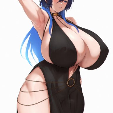 hololive, hololive english, hololive english -council-, hololive english -promise-, ouro kronii, zer0artzer0, 1girls, blue eyes, blue hair, breasts, dress, female, hips, huge breasts, long hair