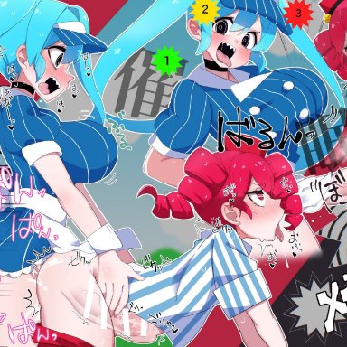 mesmerizer (vocaloid), hatsune miku, kasane teto, mesmerizer miku, mesmerizer teto, futamrpw, 1futa, 1girls, all fours, bent over, big penis, blue hair, bottomless, breasts, clothed