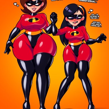 disney, pixar, the incredibles, elastigirl, helen parr, violet parr, eroticphobia, 2girls, alternate body type, american, arm up, blush, bodysuit, boots, daugheer