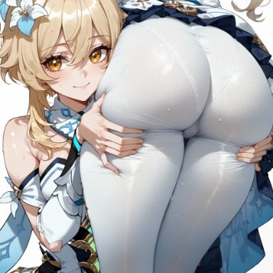 genshin impact, barbara (genshin impact), lumine (genshin impact), artist request, bad anatomy, big ass, blonde hair, female, panties under pantyhose, pantyhose, white legwear, ai generated