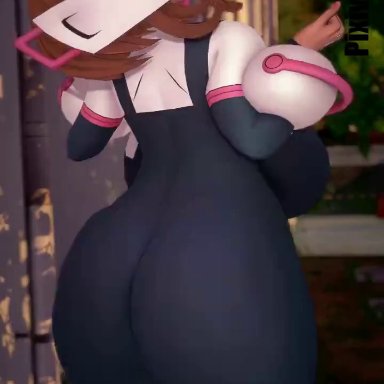 my hero academia, ochako uraraka, ochako uraraka (hero outfit), wily27, bouncing breasts, brown hair, clapping cheeks, huge ass, looking back, shaking butt, skintight, skintight bodysuit, animated, tagme, video