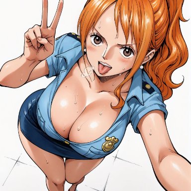 one piece, nami, nami (one piece), yashin, alluring, big breasts, blush, breasts, brown eyes, cleavage, female, female only, long hair, looking at viewer, open mouth