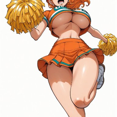 one piece, nami, nami (one piece), yashin, alluring, angry, angry expression, angry face, breasts, brown eyes, cheerleader, cheerleader costume, cheerleader outfit, cheerleader uniform, cheerleaders