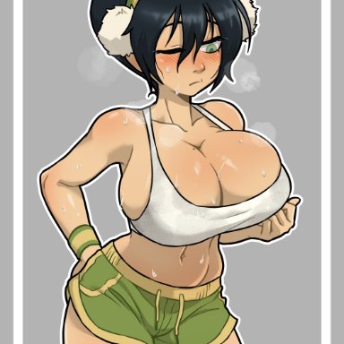 avatar legends, avatar the last airbender, toph bei fong, centinel303, 1girls, armband, big breasts, blind, blush, earth kingdom, female, hair ornament, one eye closed, shorts, solo