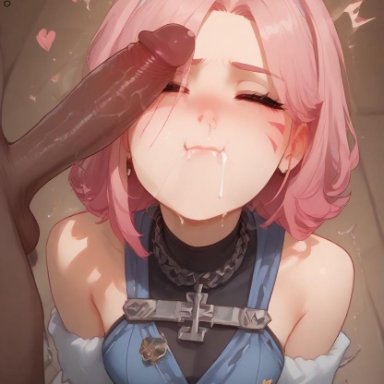 le sserafim, overwatch, d.va, d.va (overwatch), big penis, cum, dark-skinned male, facepaint, headband, kpop, mouthful, pale-skinned female, penis on face, pink hair, short hair