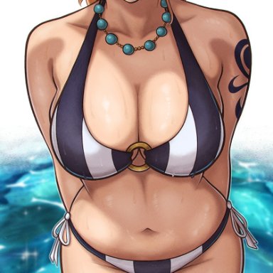 one piece, one piece film strong world, shounen jump, nami, nami (one piece), hiyozuki, 1girls, bare arms, bare legs, bare shoulders, bare thighs, big breasts, bikini, bikini bottom, bikini top