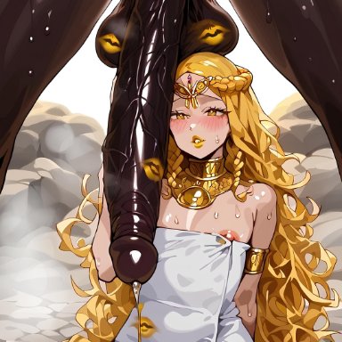 elden ring, shadow of the erdtree, miquella, kisuco, 1boy, 1girls, absurdly large cock, braided hair, cock hungry, cock worship, dark-skinned futanari, dark-skinned male, drooling tongue, femboy, futa on femboy