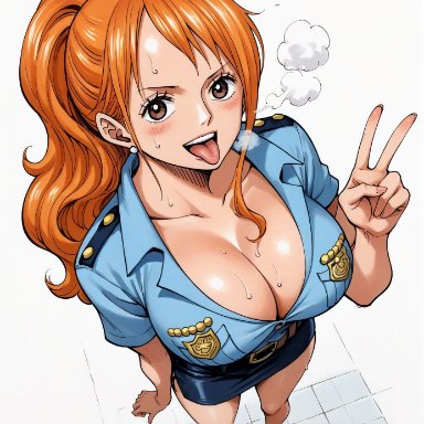 one piece, nami, nami (one piece), yashin, alluring, big breasts, blush, breasts, brown eyes, cleavage, female, female only, long hair, looking at viewer, open mouth