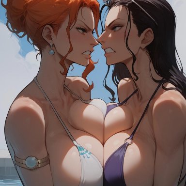 one piece, nami, nami (one piece), nico robin, suckeryes, 2girls, angry, angry face, big breasts, bikini, black hair, breast press, close-up, female, female only