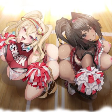 goddess of victory: nikke, bay (nikke), clay (nikke), satou daiji, 2girls, areola slip, ass, ass to ass, black choker, black hair, blonde hair, blush, breasts, cheerleader, choker