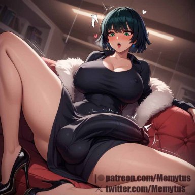 one-punch man, fubuki (one-punch man), memytus, 1futa, black hair, bulge, bulge through clothing, erect penis, erection, erection under clothes, futa only, futa sans pussy, futanari, green eyes, hearts