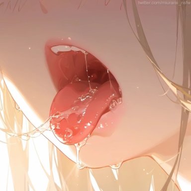 blue archive, asuna (blue archive), miurai, blonde hair, close-up, female, lips, open mouth, saliva, saliva trail, solo, wet, white background, ai generated, simple background