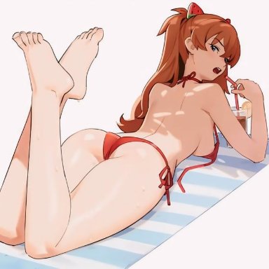 neon genesis evangelion, asuka langley sohryu, dnaitari, 1girls, ass, ass focus, back view, beach, beach towel, bikini, breasts, butt focus, drinking, feet, feet up