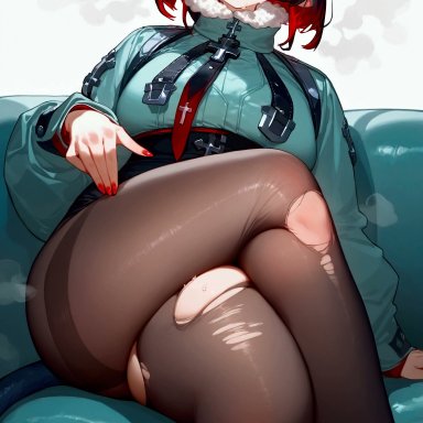 zenless zone zero, jane doe (zenless zone zero), animal ears, anthro, blue eyes, breasts, crossed legs, female, jacket, legs, looking at viewer, pantyhose, short hair, thick thighs, thighs