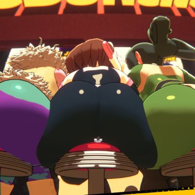 my hero academia, deku, izuku midoriya, midoriya izuku, mina ashido, ochako uraraka, tsuyu asui, uraraka ochako, lewdssonk, 3girls, 4boys, ass, big ass, big butt, brown hair female