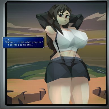 final fantasy, final fantasy vii, low poly tifa, tifa lockhart, captain kirb, 1girls, armpits, arms up, big breasts, black hair, breasts, busty, clothing, female, female only