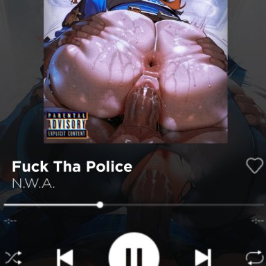 spotify, zenless zone zero, song, zhu yuan, ass focus, ass grab, bubble butt, dark-skinned male, dat ass, from behind, from behind position, looking behind, music player, plump, police uniform