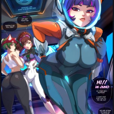 blizzard entertainment, overwatch, overwatch 2, d.va, juno (overwatch), kiriko (overwatch), felox08, 3girls, ass, astronauts, bare arms, bare shoulders, big ass, big breasts, big butt