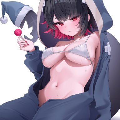 zenless zone zero, ellen joe, reel (riru), animal hood, bikini, bikini top only, black hair, blue pajamas, blush, breasts, candy, colored inner hair, female, fins, fish tail