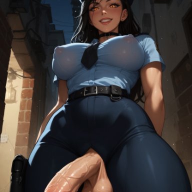 futornyx, 1futa, back alley, blush, bwc, covered nipples, dominant futanari, futanari, huge balls, huge breasts, huge cock, large breasts, light-skinned futanari, nipples visible through clothing, police