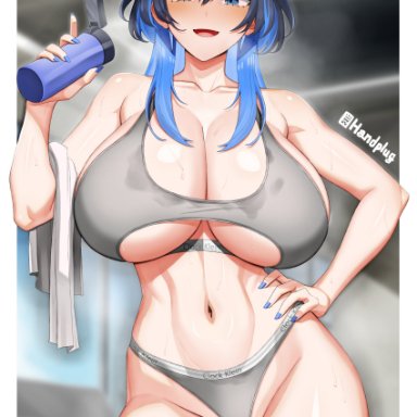 hololive, hololive english, hololive english -council-, hololive english -promise-, ouro kronii, handplug, 1girls, blue eyes, blue hair, breasts, female, hips, huge breasts, long hair, naughty face