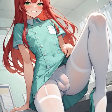 original character, magosilencioso, bulge under clothes, femboy, green eyes, nurse, nurse uniform, otoko no ko, pantyhose, penis under pantyhose, red hair, sissy, skirt up, testicle bulge, trap