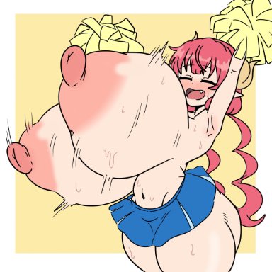 miss kobayashi's dragon maid, ilulu (dragon maid), inakotho, breasts bigger than head, cheerleader, closed eyes, cute fang, erect nipples, gigantic breasts, gigantic thighs, huge ass, huge nipples, mole under eye, nipples, pom poms