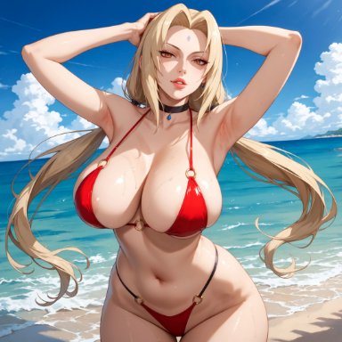 boruto: naruto next generations, naruto, naruto shippuden, tsunade, alex-schura, 1girls, armpits, arms behind head, arms up, bangs, bare shoulders, beach, bikini, black choker, blonde hair